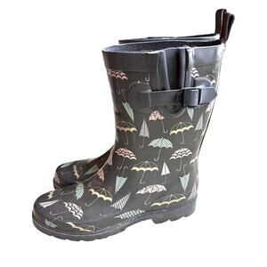Capelli rubber rain boots ladies US 8M gray & pastel umbrellas mid calf shaft